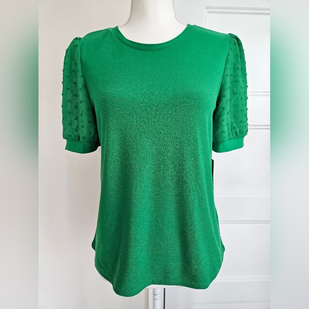 NWT!!! CeCe Women's Short Puff‎ Sleeve Mixed Media Knit Top, Size Small - Picture 2 of 8